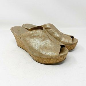 UGG Australia Peep Toe Wedge Cork Slide Sandals Size 9 Dominique Gold 1005106